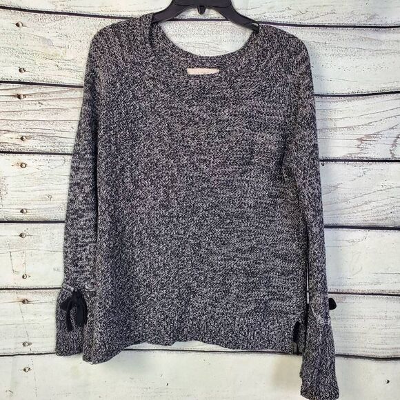 LOFT Black White Marled Knit Sweater Size Small 100% Cotton Long Sleeve Bow Cuff - Picture 5 of 10